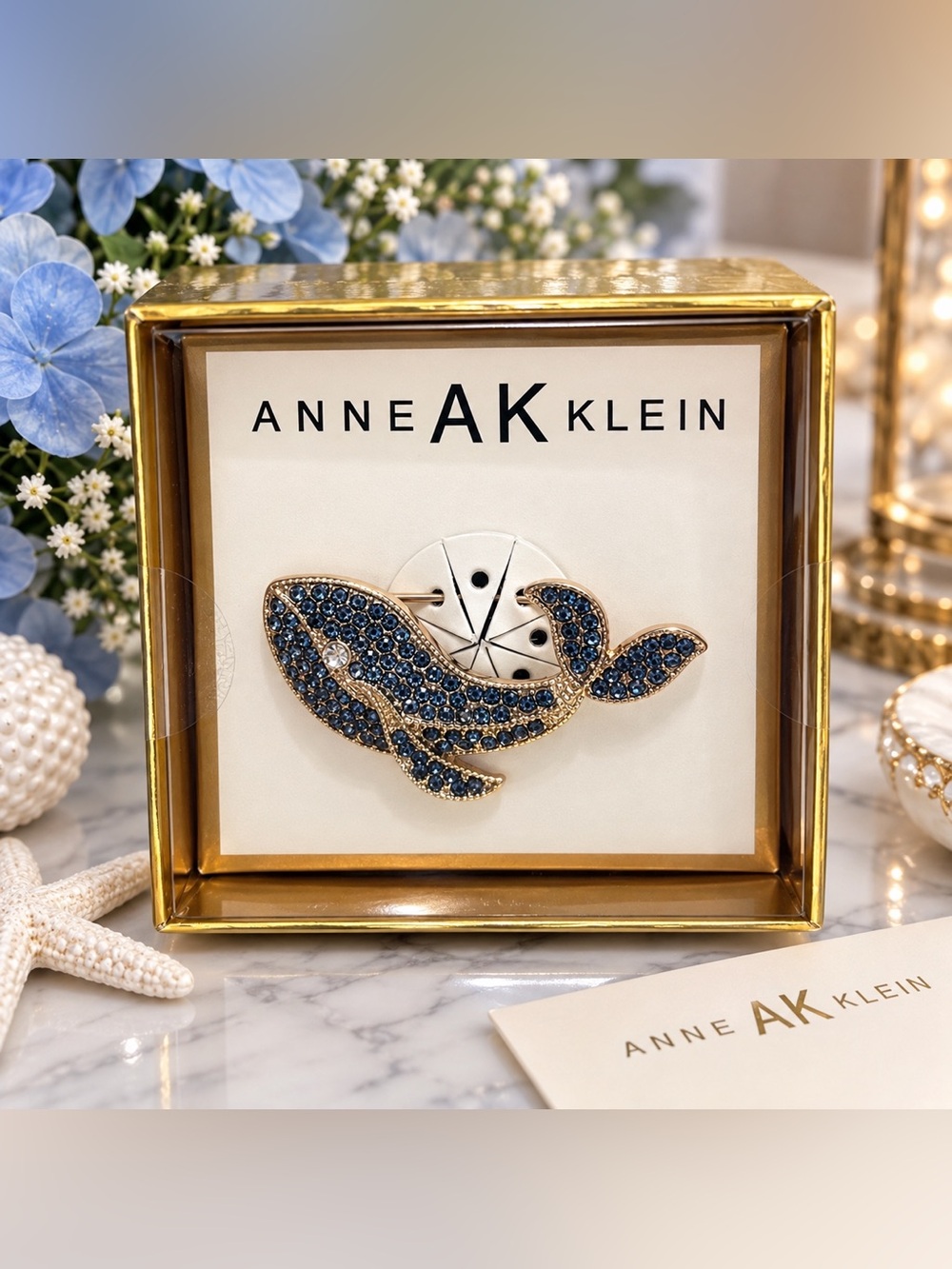 🐋 Anne Klein Gold-Tone Blue & Purple Rhinestone Whale Brooch Pin NIB